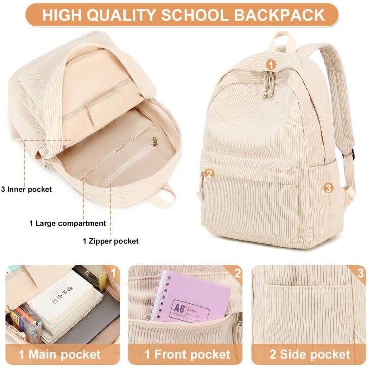 School Backpack for Teens Large Corduroy Bookbag Lightweight 15.6 inch Laptop Bag for Girls Women Casual High School College