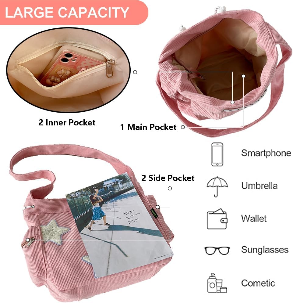 Star Crossbody Bag Women Corduroy Tote Bag Aesthetic Messenger Bag Cute Shoulder Bag Y2K Hobo Bag