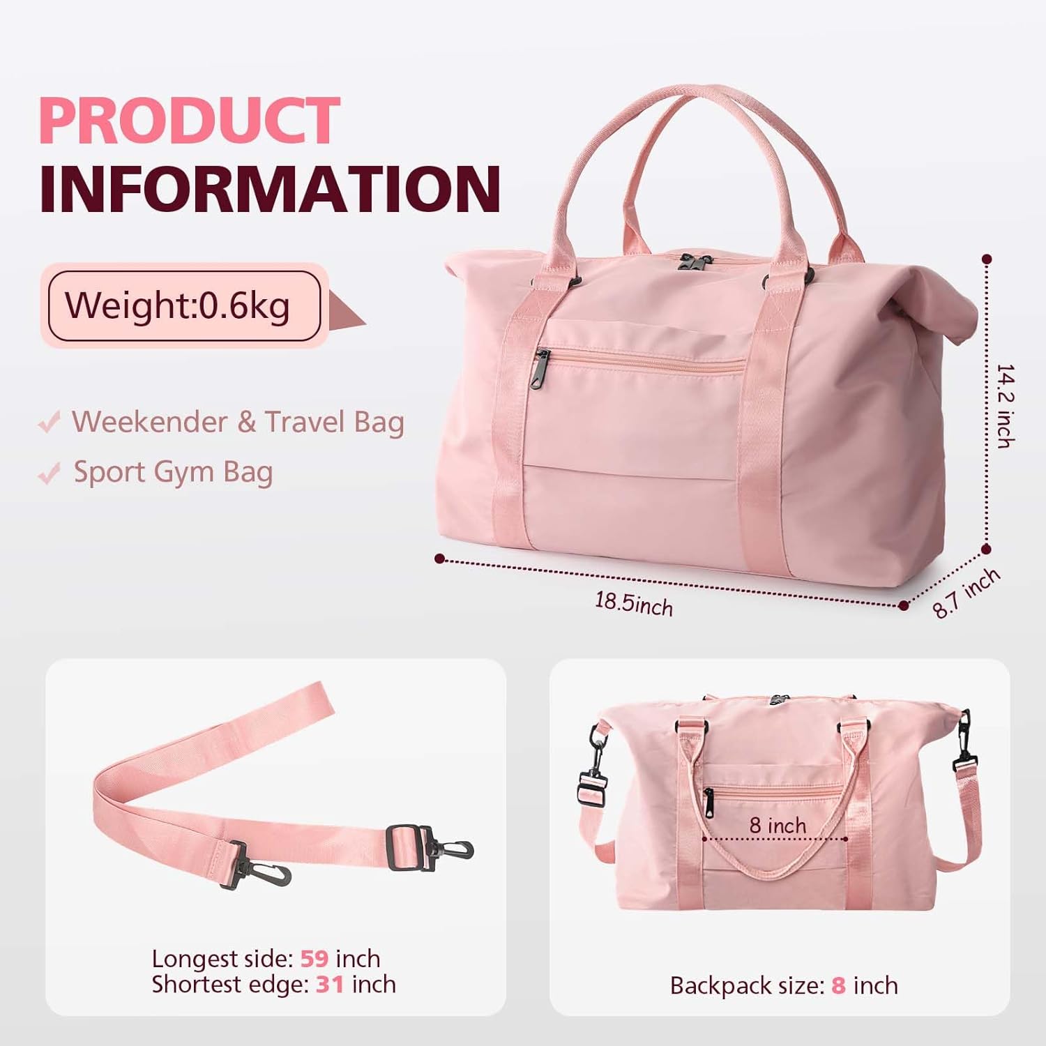 Travel Duffle Bag, Waterproof Weekender Carry On Tote Bags for Women, Sport Gym Bag for Men, Hospital Bag for Labor and Delivery, Overnight Luggage Bag with Trolley Sleeve Coral Pink