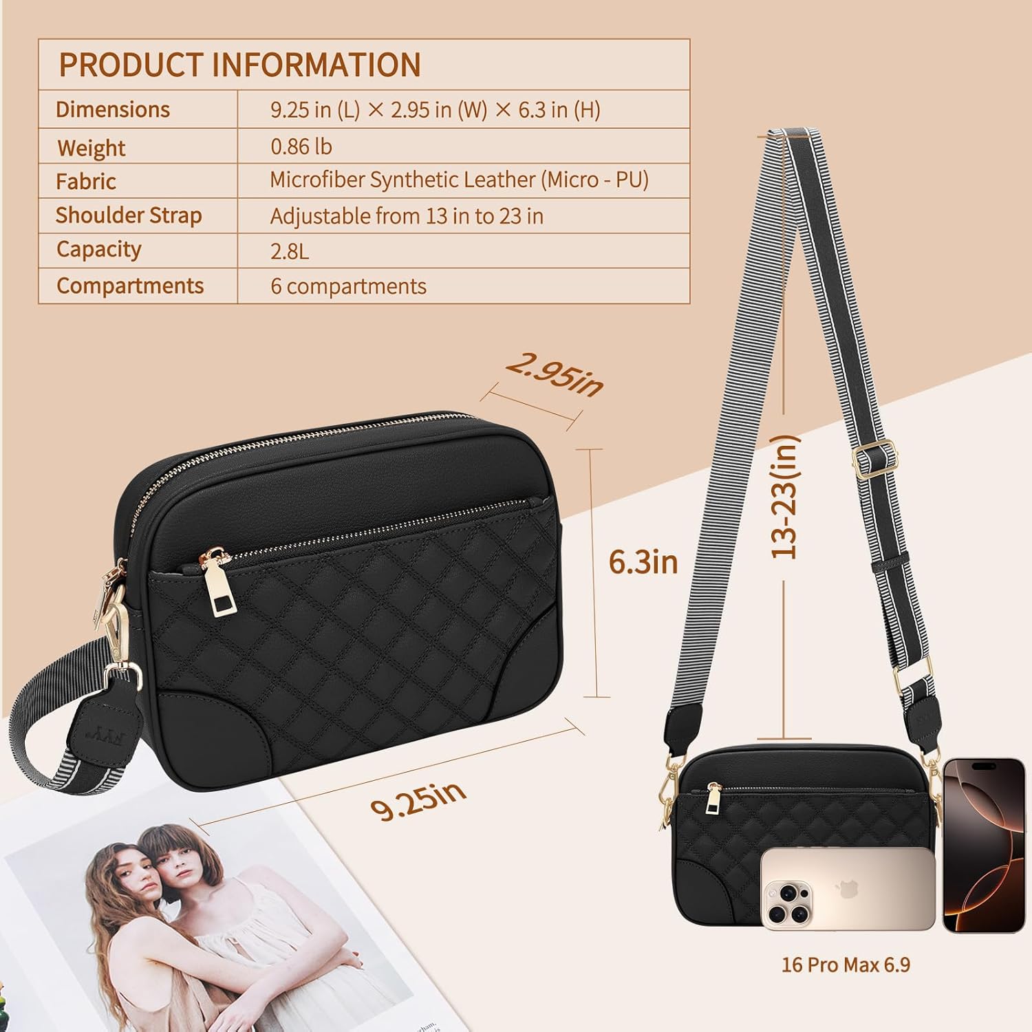 Small Crossbody Bags for Women Quilted Vegan Leather Crossbody Purses for Women Travel with Adjustable Shoulder Strap