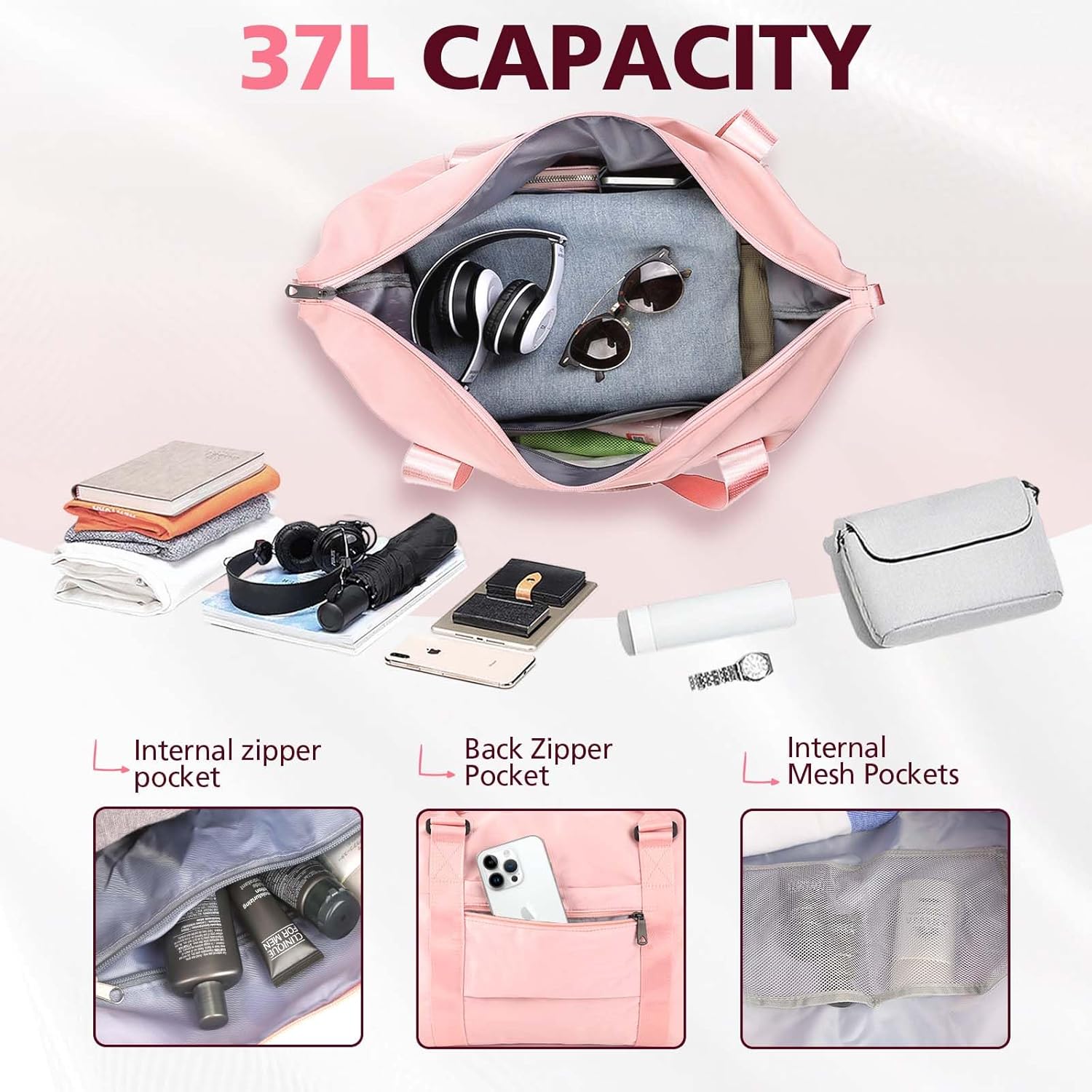 Travel Duffle Bag, Waterproof Weekender Carry On Tote Bags for Women, Sport Gym Bag for Men, Hospital Bag for Labor and Delivery, Overnight Luggage Bag with Trolley Sleeve Coral Pink