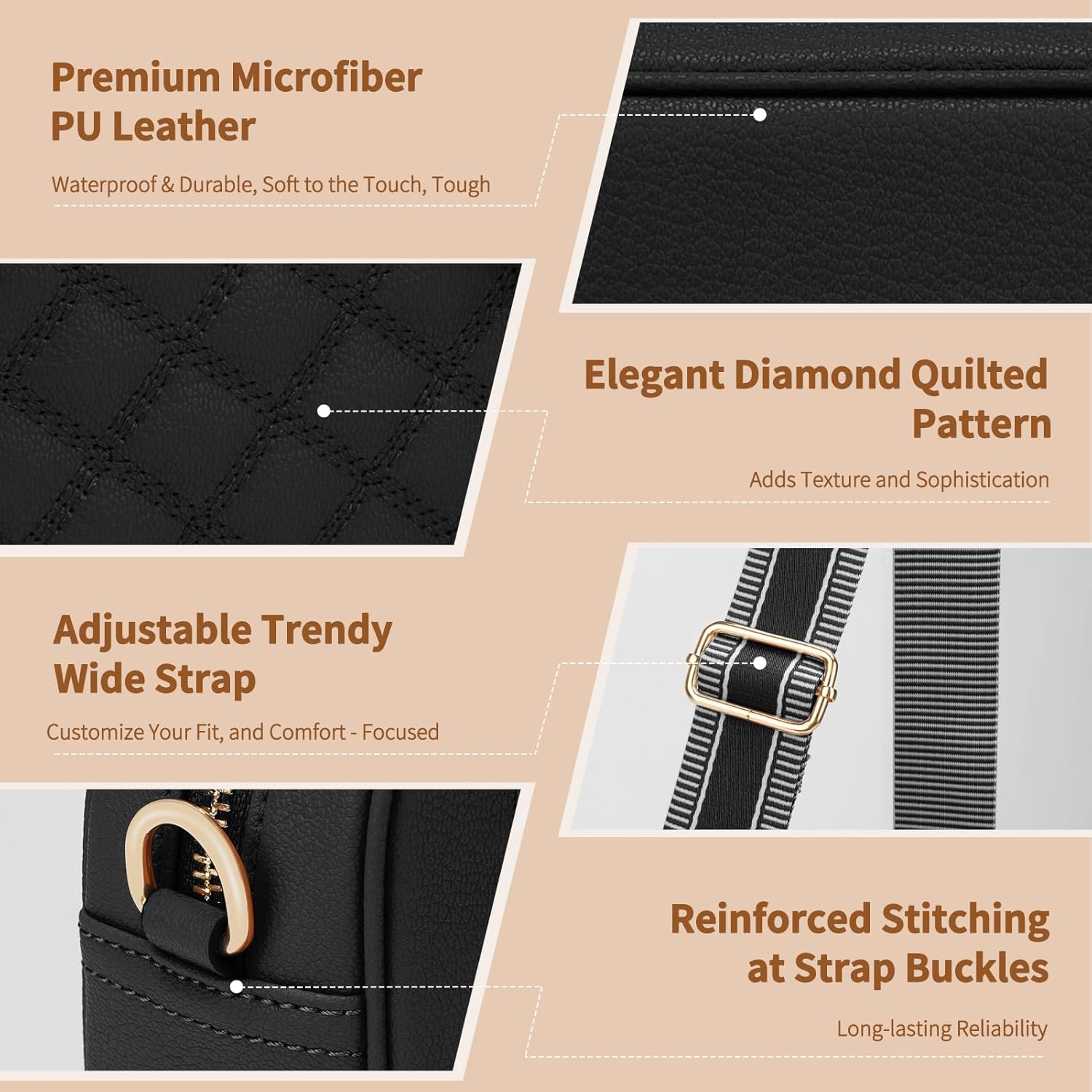 Small Crossbody Bags for Women Quilted Vegan Leather Crossbody Purses for Women Travel with Adjustable Shoulder Strap