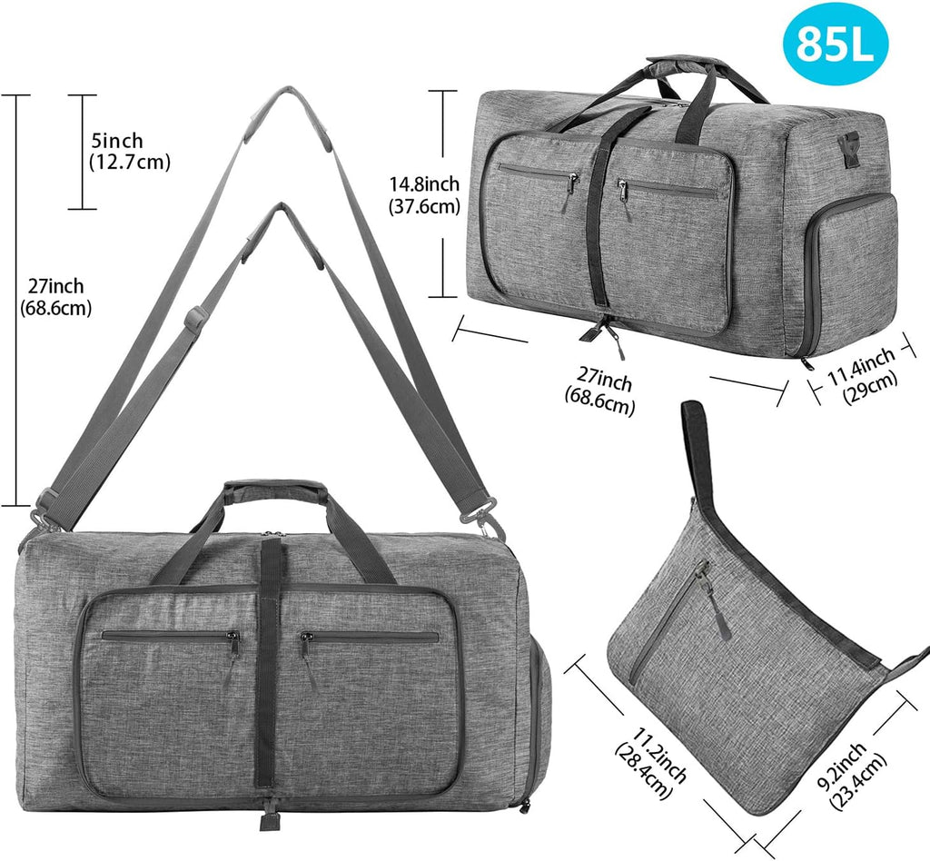 65L/85L/115L Foldable Travel Duffle Bag, Lightweight Checked Luggage with Shoe Compartment, Water-Resistant Weekender Overnight Bag for Men & Women
