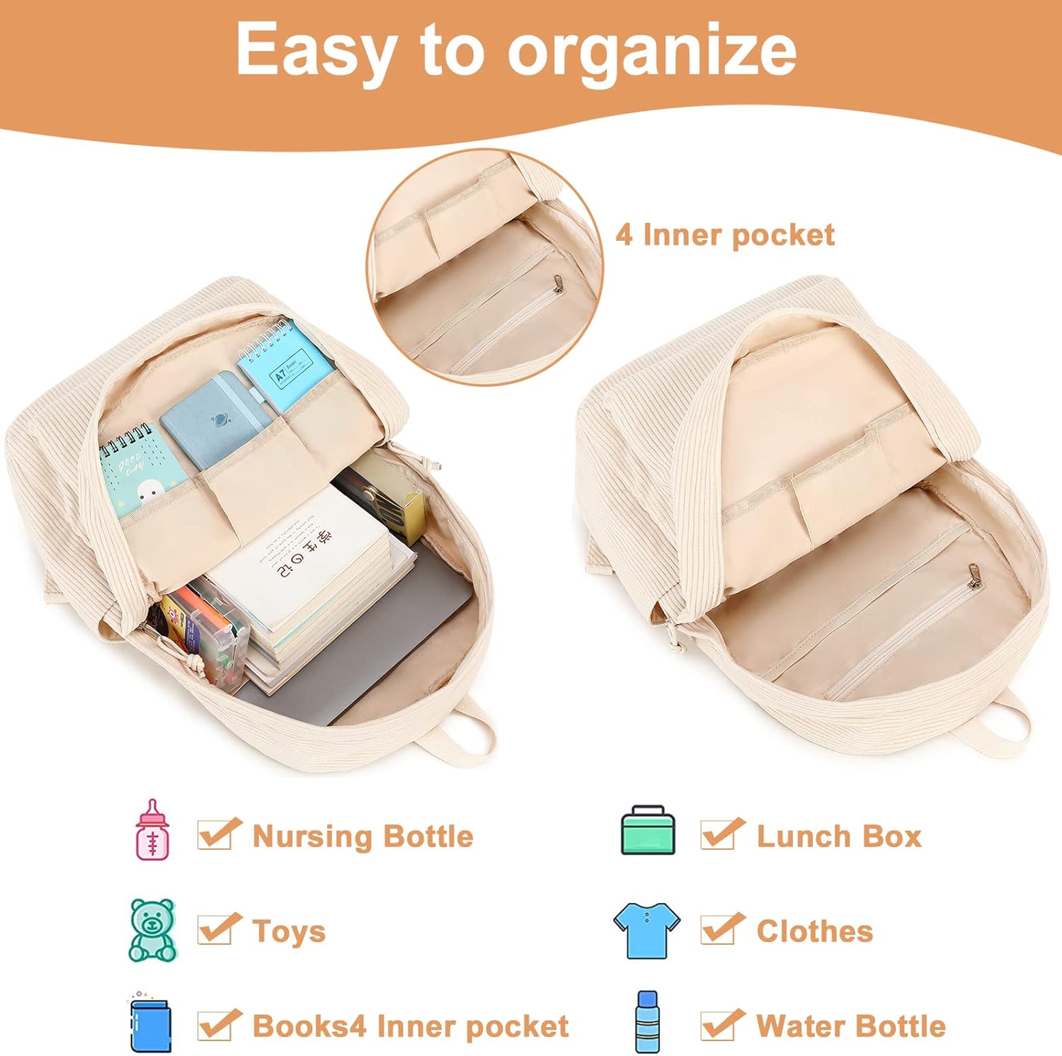 School Backpack for Teens Large Corduroy Bookbag Lightweight 15.6 inch Laptop Bag for Girls Women Casual High School College