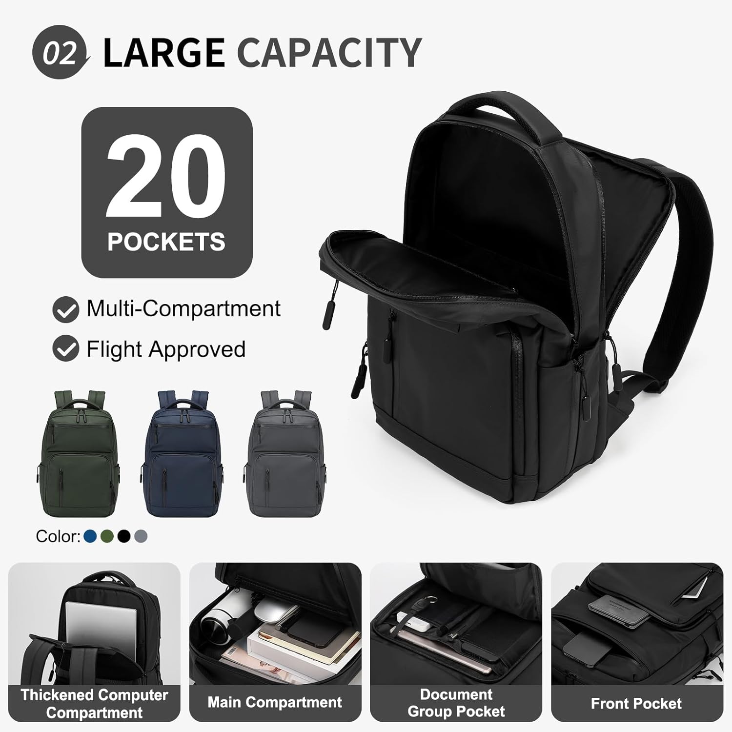 Waterproof Laptop Backpack for Men & Women, Flight Approved Anti-Theft Daypack with 15.6-inch Laptop Sleeve (Black)