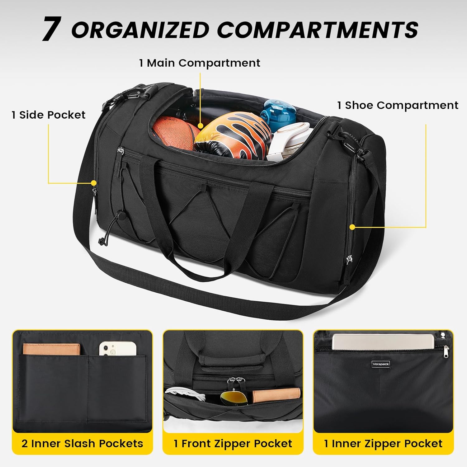 Vorspack Gym Bag for Men - 21 Inches Duffle Bag for Travel Lightweight Duffel Bag with Shoe Compartment Personal Item Travel Bag Weekender Bag for Travel Sports Gym - Black