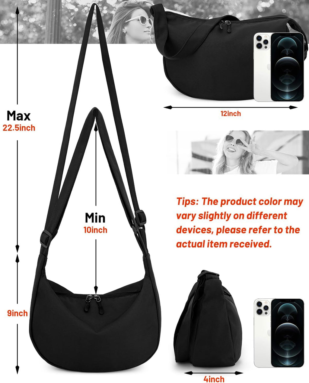 Crossbody Sling Bag for Women Men Trendy, Crescent Bag with Adjustable Strap, 2 Zippers Lightweight