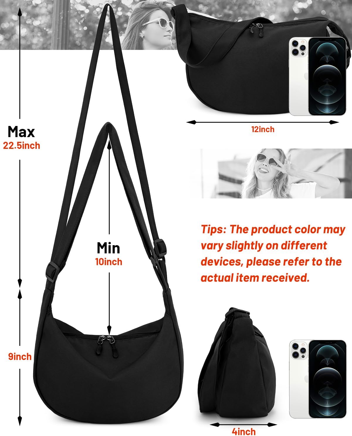 Crossbody Sling Bag for Women Men Trendy, Crescent Bag with Adjustable Strap, 2 Zippers Lightweight