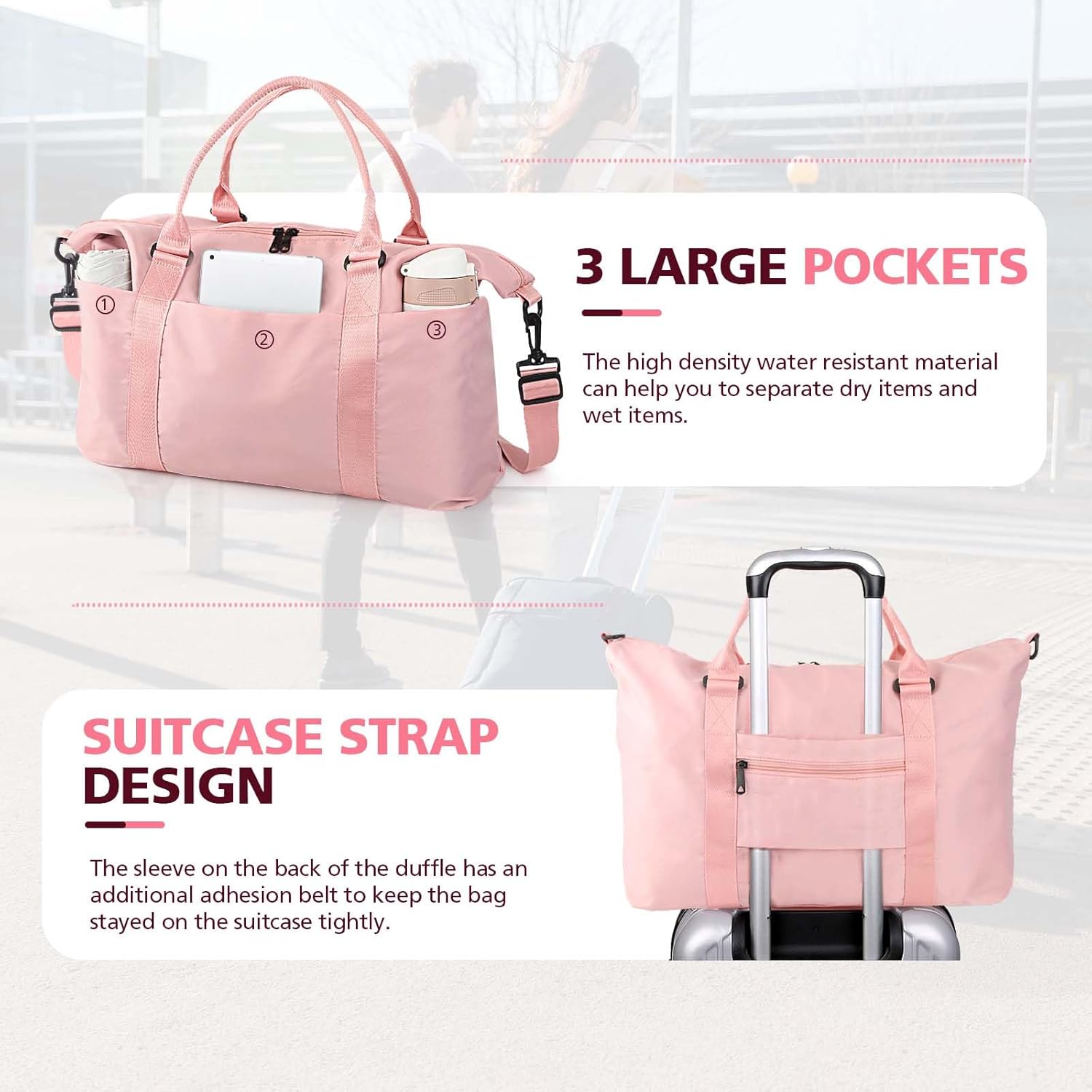Travel Duffle Bag, Waterproof Weekender Carry On Tote Bags for Women, Sport Gym Bag for Men, Hospital Bag for Labor and Delivery, Overnight Luggage Bag with Trolley Sleeve Coral Pink
