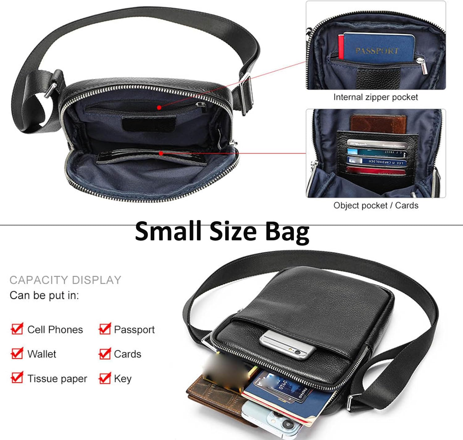 Man Purses and Bags Small, Mini Genuine Leather Messenger and Shoulder Bag for Men with lots of Zipper Pockets | Small, Mini, for Men