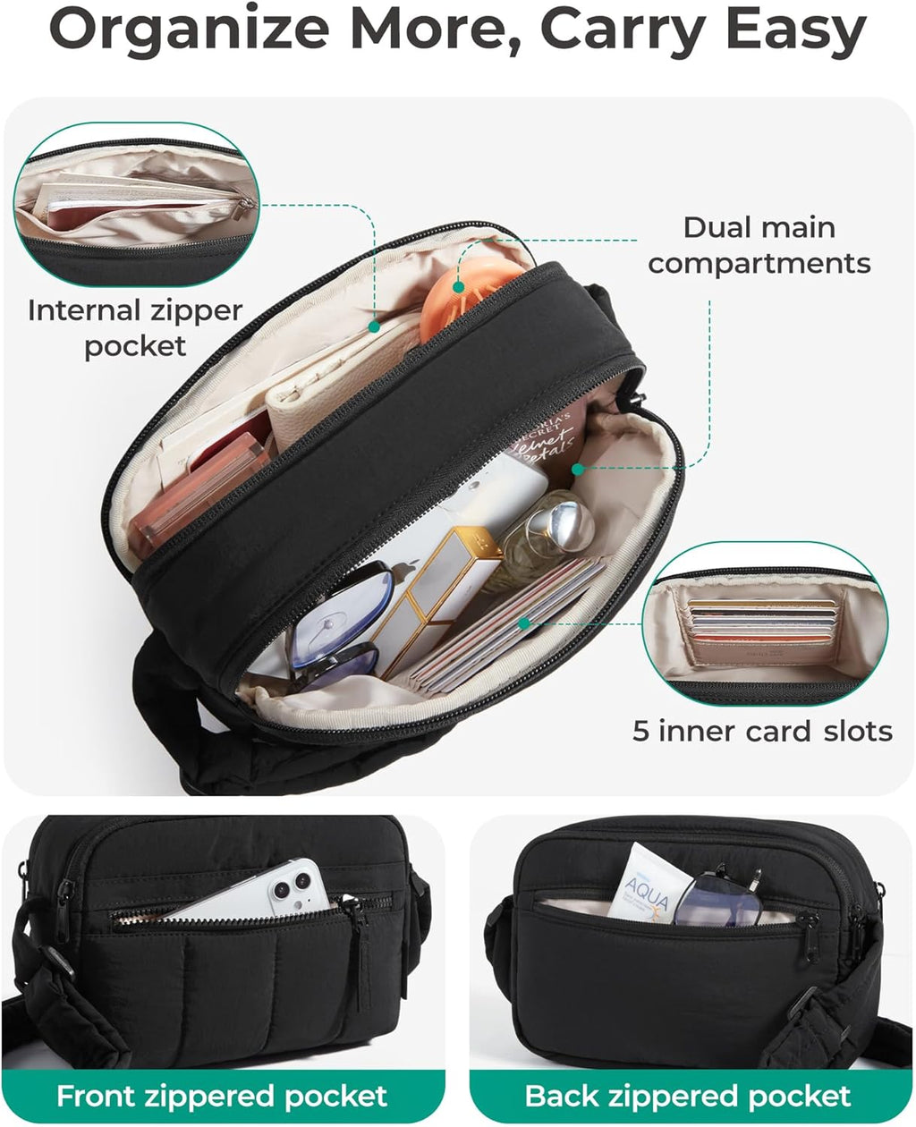 Cross Body Purse, Mini Crossbody Bags for Women Travel Purse, Puffy Shoulder Handbag Wallet with RFID Blocking Slots