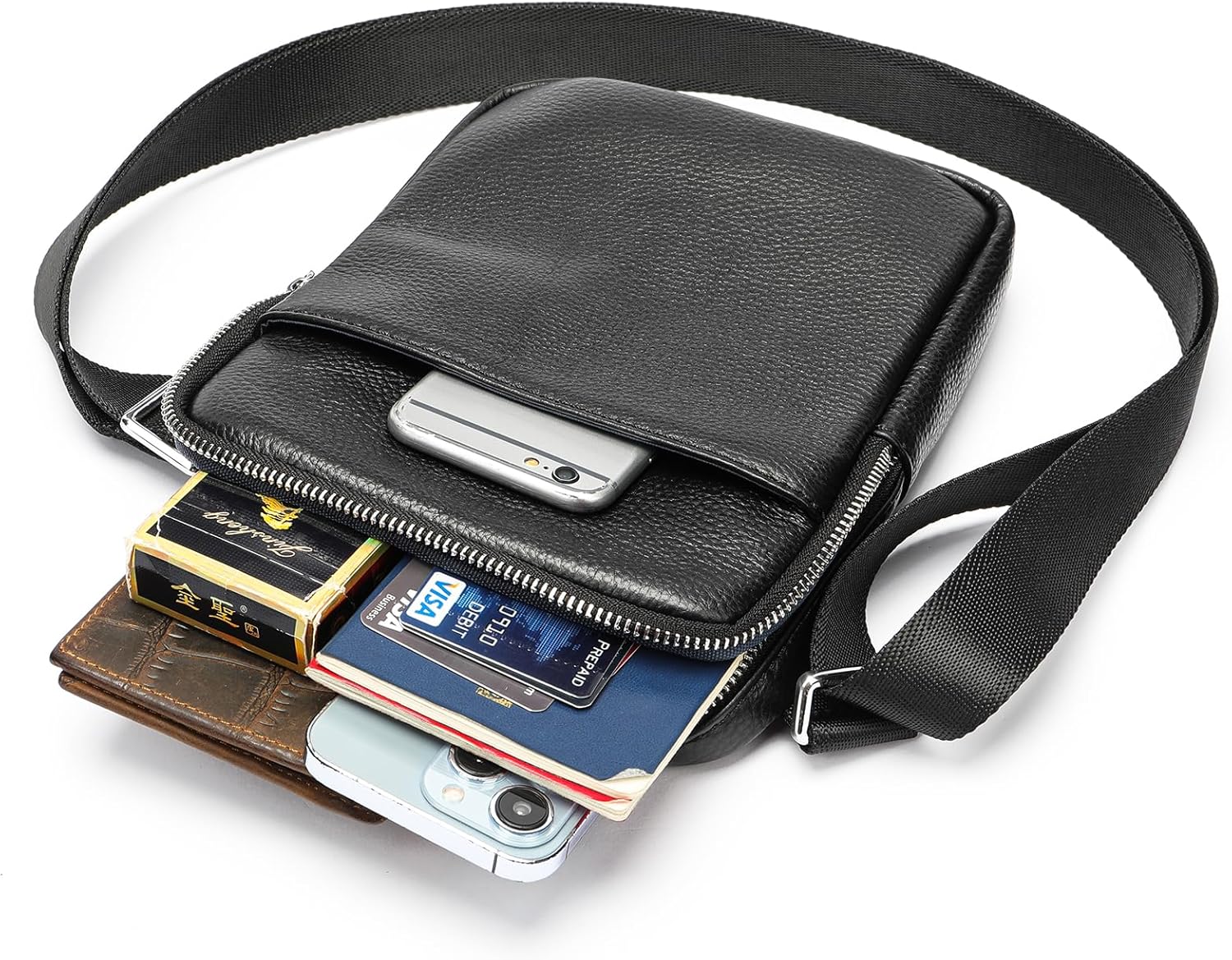 Man Purses and Bags Small, Mini Genuine Leather Messenger and Shoulder Bag for Men with lots of Zipper Pockets | Small, Mini, for Men