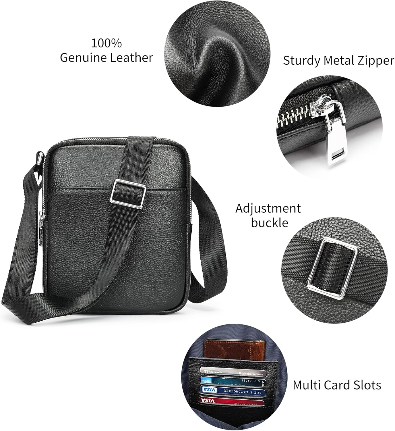 Man Purses and Bags Small, Mini Genuine Leather Messenger and Shoulder Bag for Men with lots of Zipper Pockets | Small, Mini, for Men