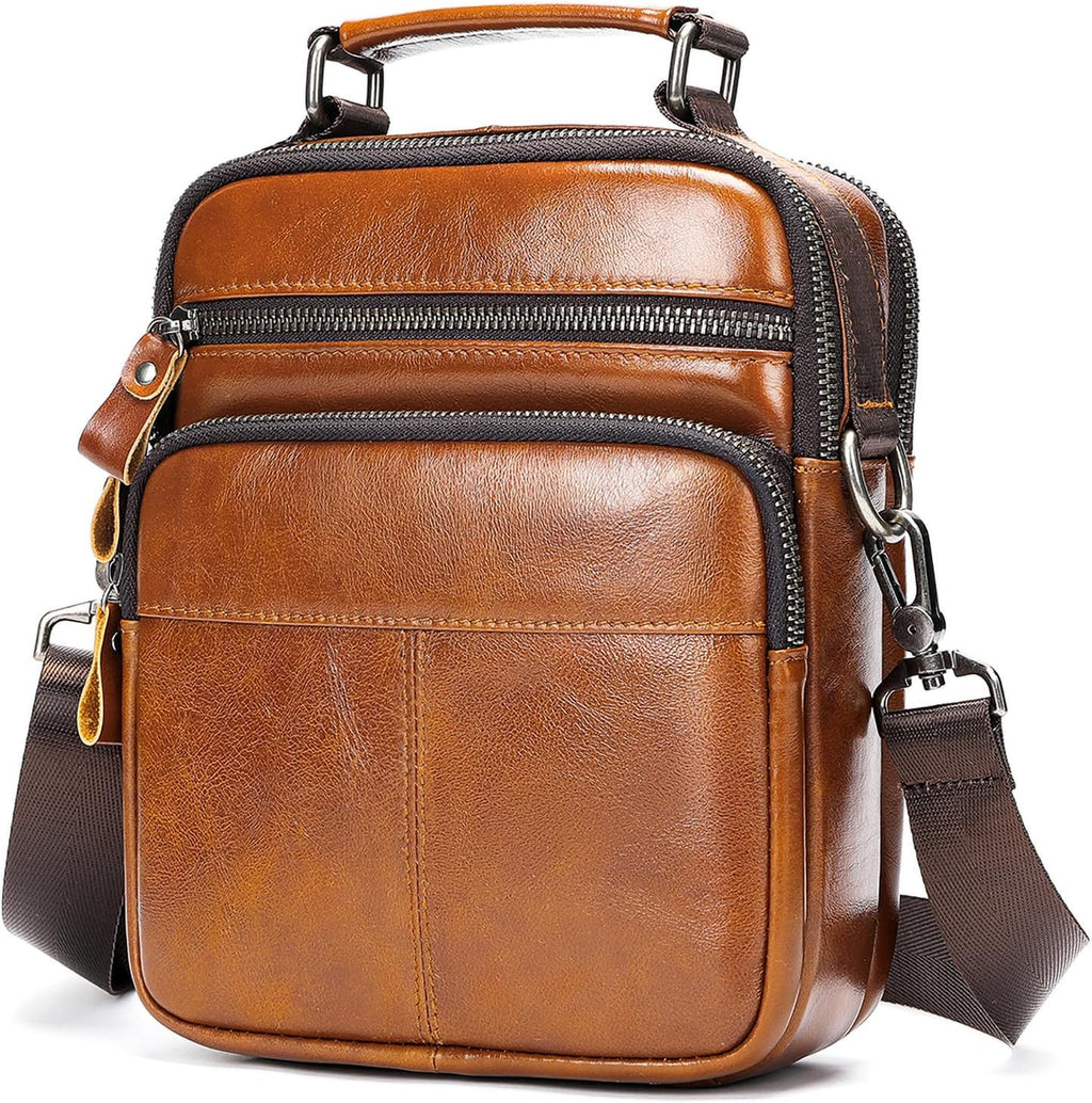 Man Purses and Bags Small, Mini Genuine Leather Messenger and Shoulder Bag for Men with lots of Zipper Pockets | Small, Mini, for Men