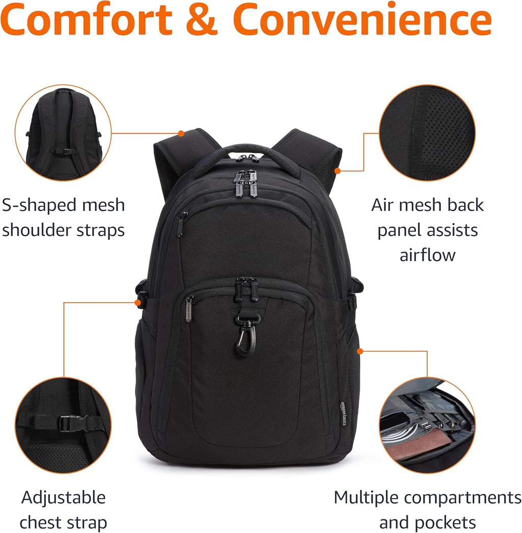 Basics Travel Laptop Backpack with Multiple Pockets and Compartments for 17 in / 43.1 cm Laptop, Water Resistant, Spacious with Padded Shoulder Straps, Black
