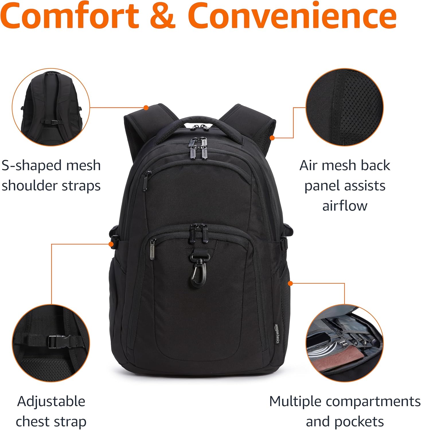 Basics Travel Laptop Backpack with Multiple Pockets and Compartments for 17 in / 43.1 cm Laptop, Water Resistant, Spacious with Padded Shoulder Straps, Black