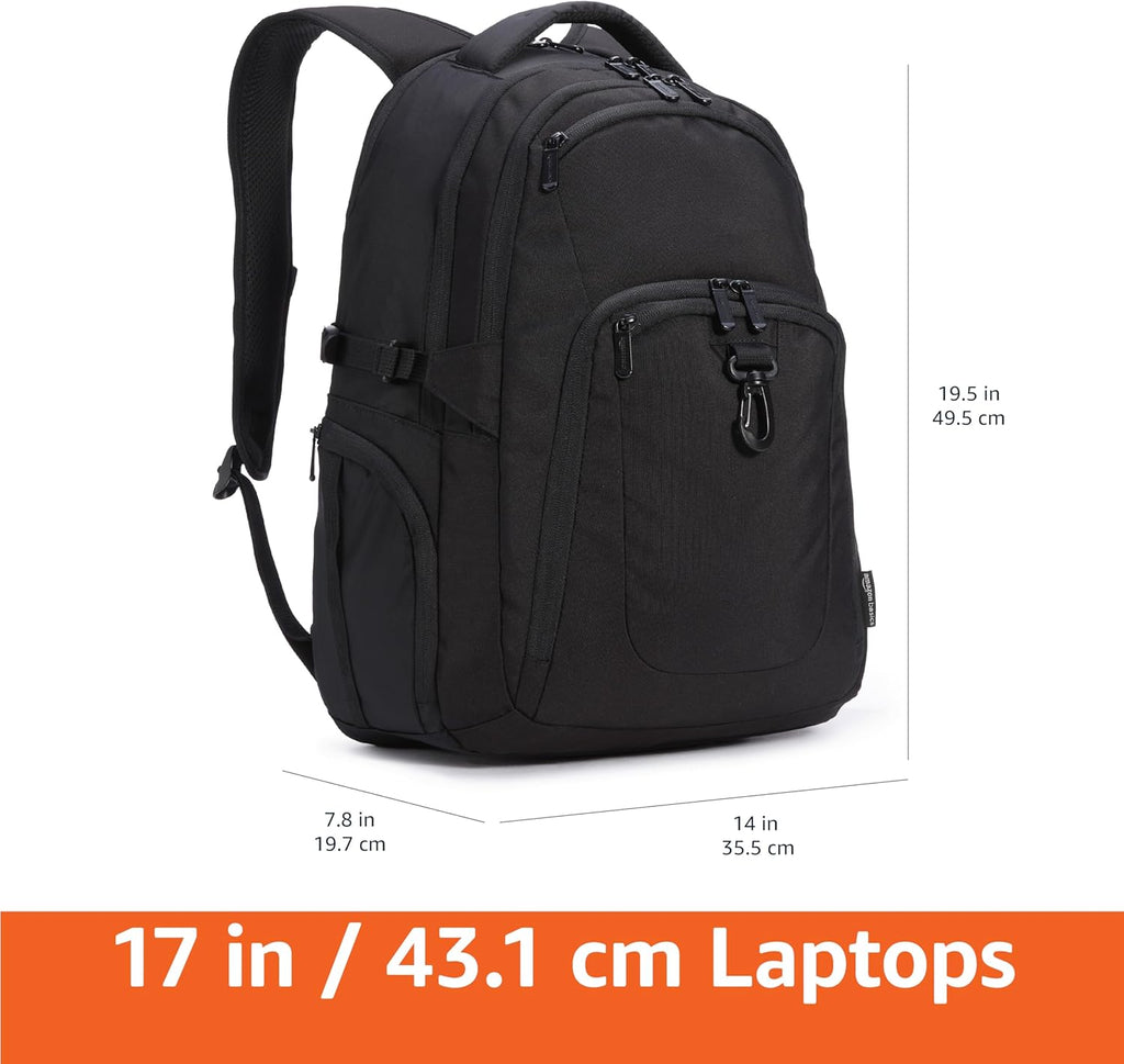 Basics Travel Laptop Backpack with Multiple Pockets and Compartments for 17 in / 43.1 cm Laptop, Water Resistant, Spacious with Padded Shoulder Straps, Black