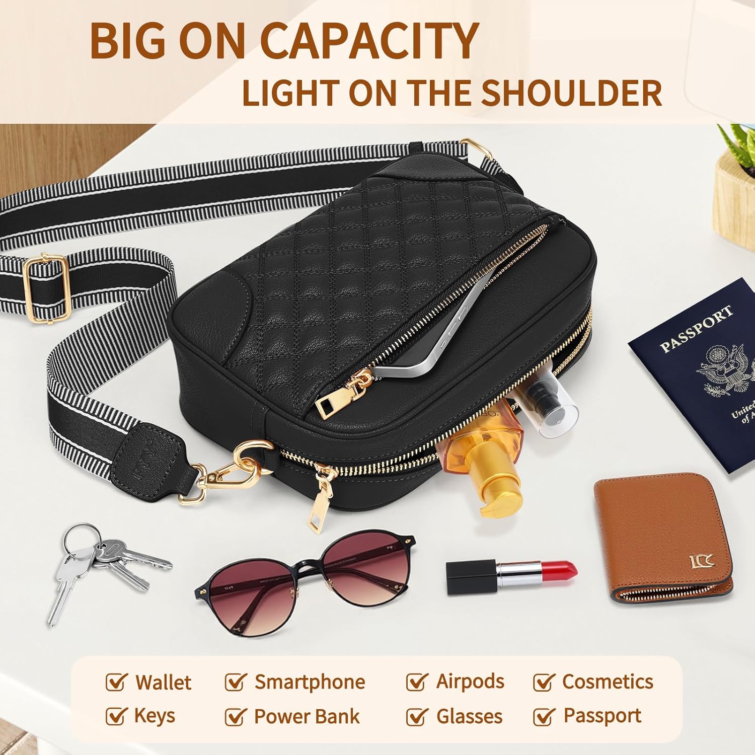 Small Crossbody Bags for Women Quilted Vegan Leather Crossbody Purses for Women Travel with Adjustable Shoulder Strap