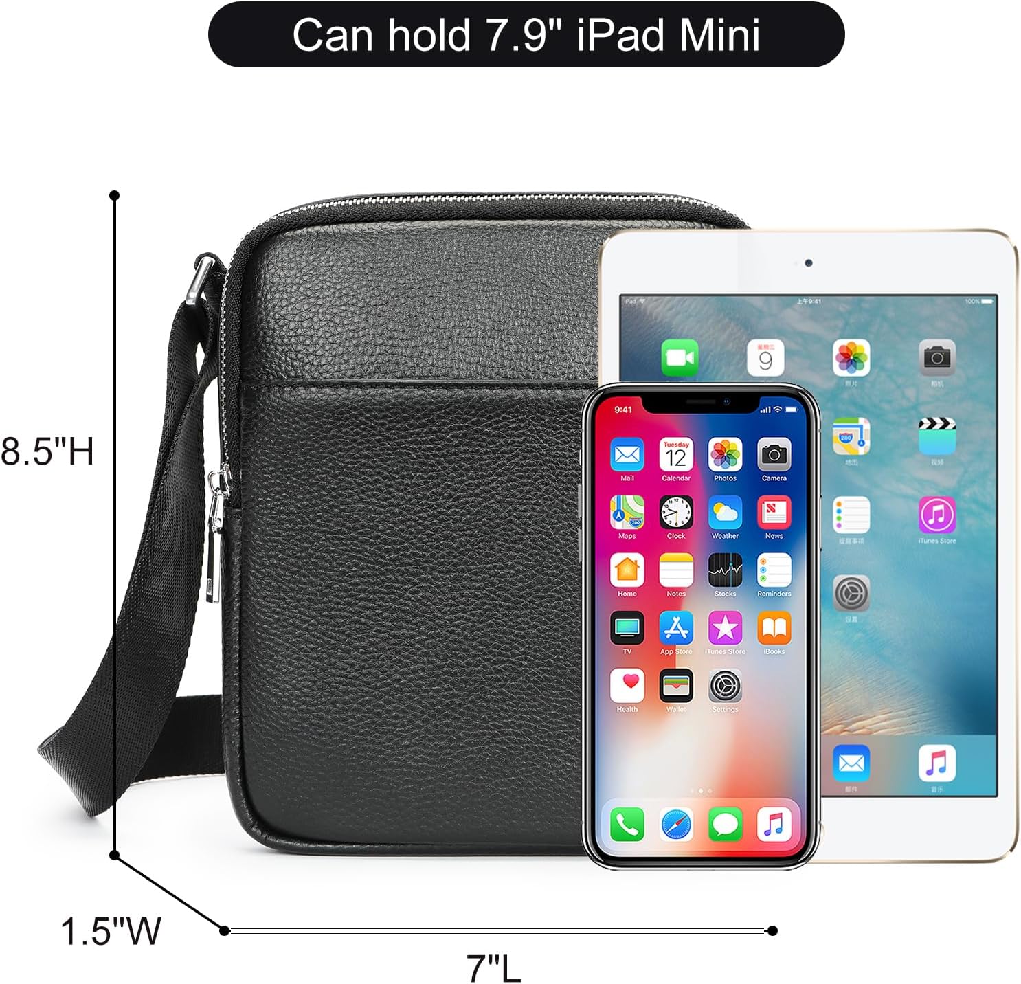 Man Purses and Bags Small, Mini Genuine Leather Messenger and Shoulder Bag for Men with lots of Zipper Pockets | Small, Mini, for Men