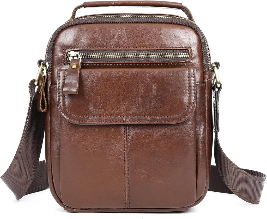 Man Purses and Bags Small, Mini Genuine Leather Messenger and Shoulder Bag for Men with lots of Zipper Pockets | Small, Mini, for Men
