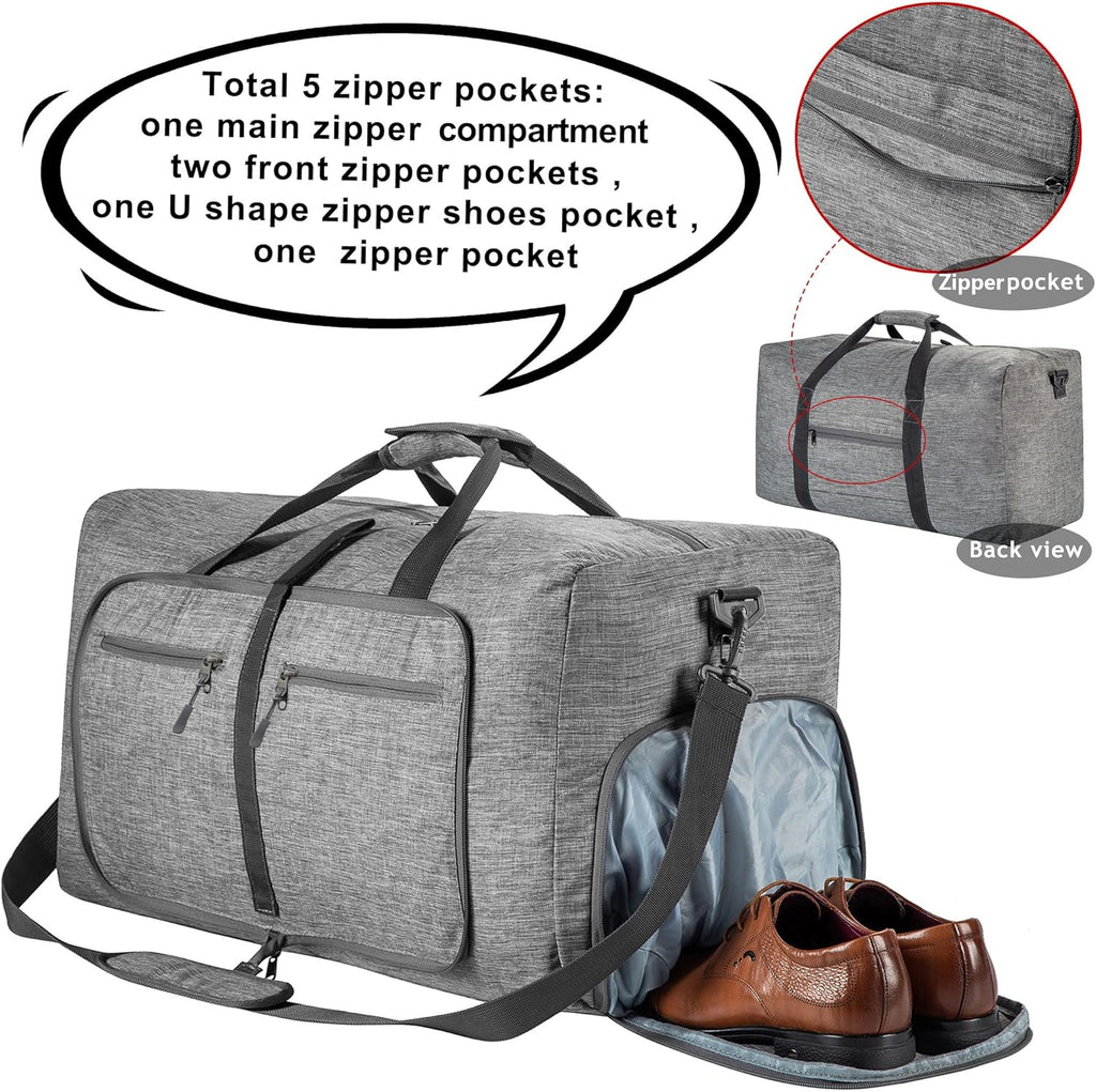 65L/85L/115L Foldable Travel Duffle Bag, Lightweight Checked Luggage with Shoe Compartment, Water-Resistant Weekender Overnight Bag for Men & Women