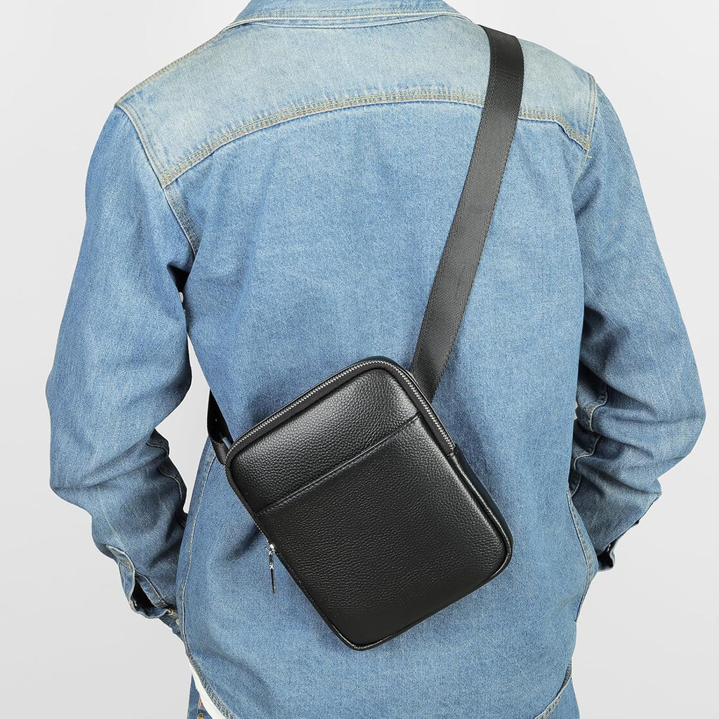 Man Purses and Bags Small, Mini Genuine Leather Messenger and Shoulder Bag for Men with lots of Zipper Pockets | Small, Mini, for Men